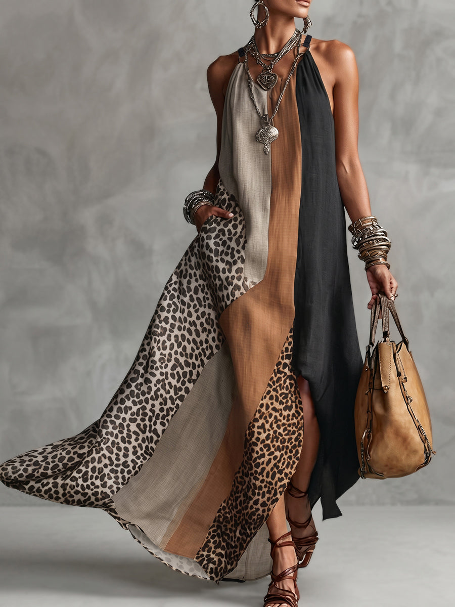 Vestido largo con cuello halter y paneles de leopardo de mujer, sin mangas y asimétrico