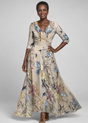 Women's floral wrap maxi dress with V-neckline and three-quarter sleeves