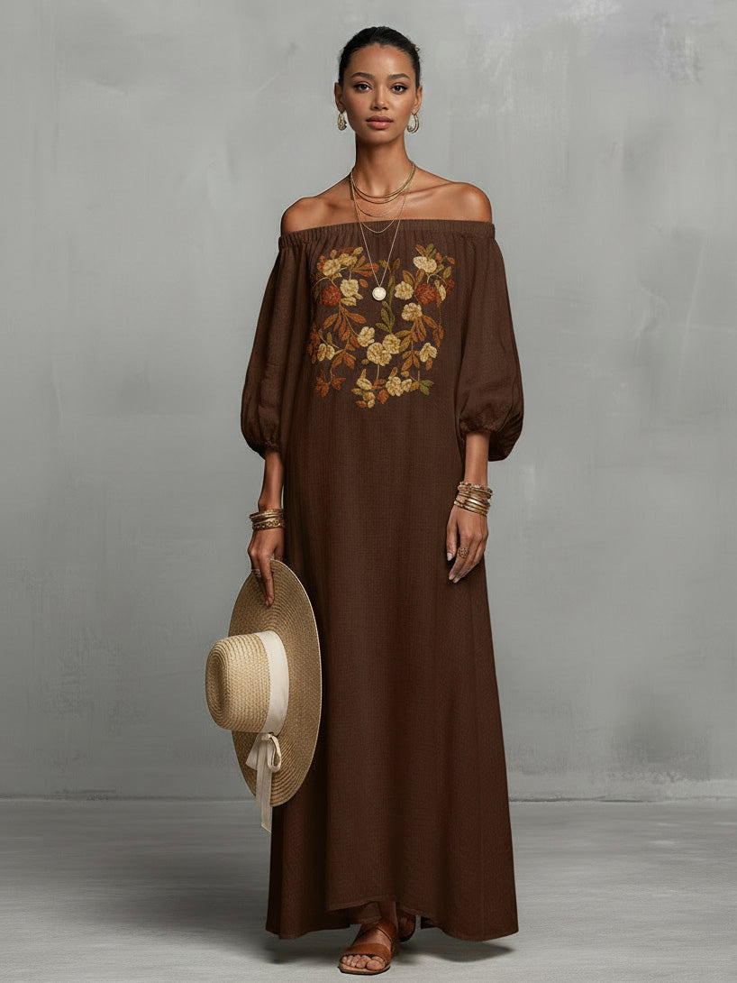 Women's brown off-shoulder maxi dress with floral embroidery and three-quarter sleeves
