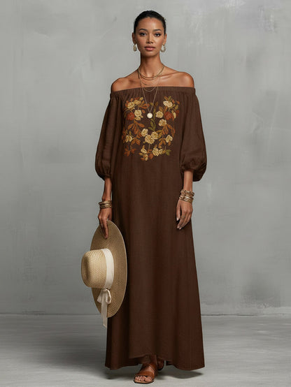Women's brown off-shoulder maxi dress with floral embroidery and three-quarter sleeves