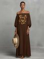 Women's brown off-shoulder maxi dress with floral embroidery and three-quarter sleeves