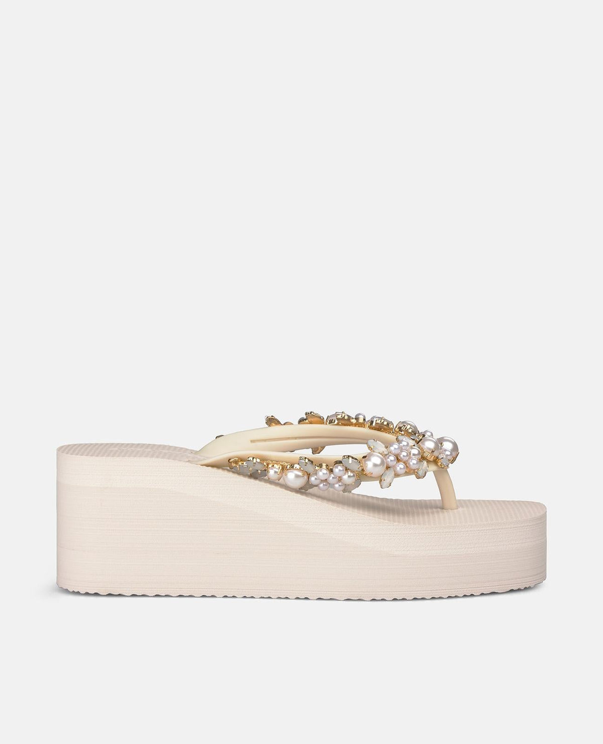 Beige platform flip-flop sandals with pearl embellishment