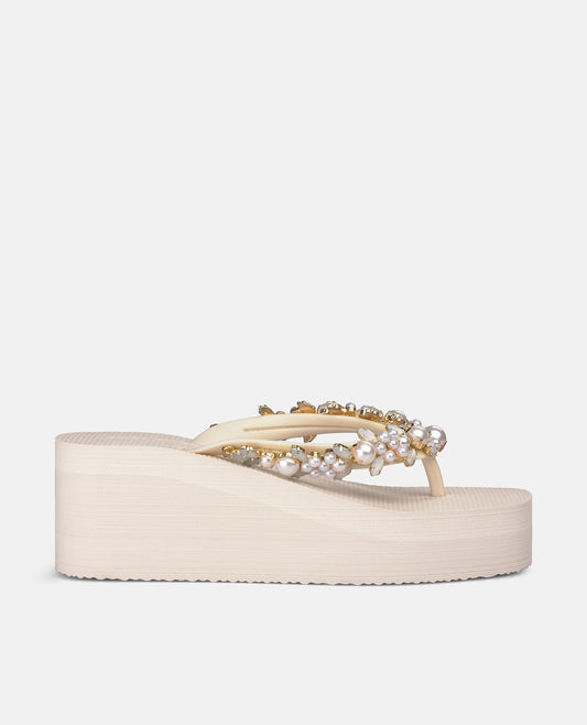 Beige platform flip-flop sandals with pearl embellishment
