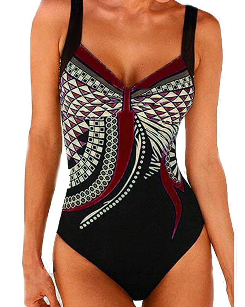 Women's geometric one-piece swimsuit with wide straps and patterned front