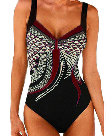 Women's geometric one-piece swimsuit with wide straps and patterned front