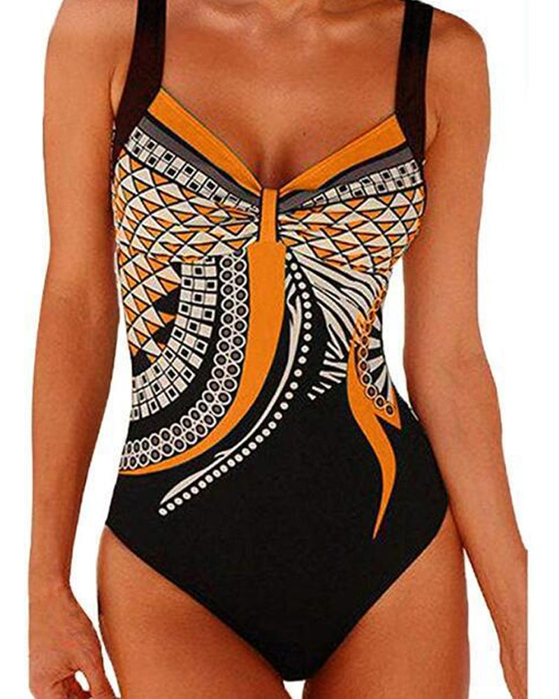 Women's geometric one-piece swimsuit with wide straps and patterned front