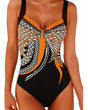 Women's geometric one-piece swimsuit with wide straps and patterned front