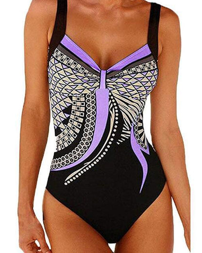 Women's geometric one-piece swimsuit with wide straps and patterned front