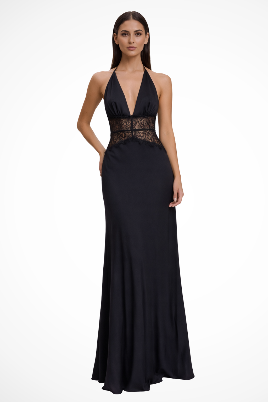 Women's halter maxi dress with lace waist panel and flowing full-length skirt