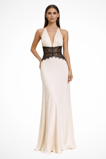 Women's halter maxi dress with lace waist panel and flowing full-length skirt