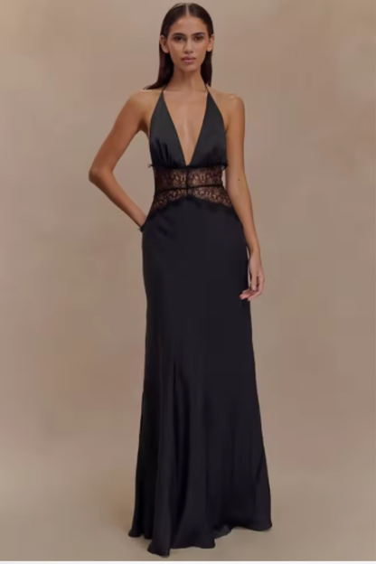 Women's halter maxi dress with lace waist panel and flowing full-length skirt
