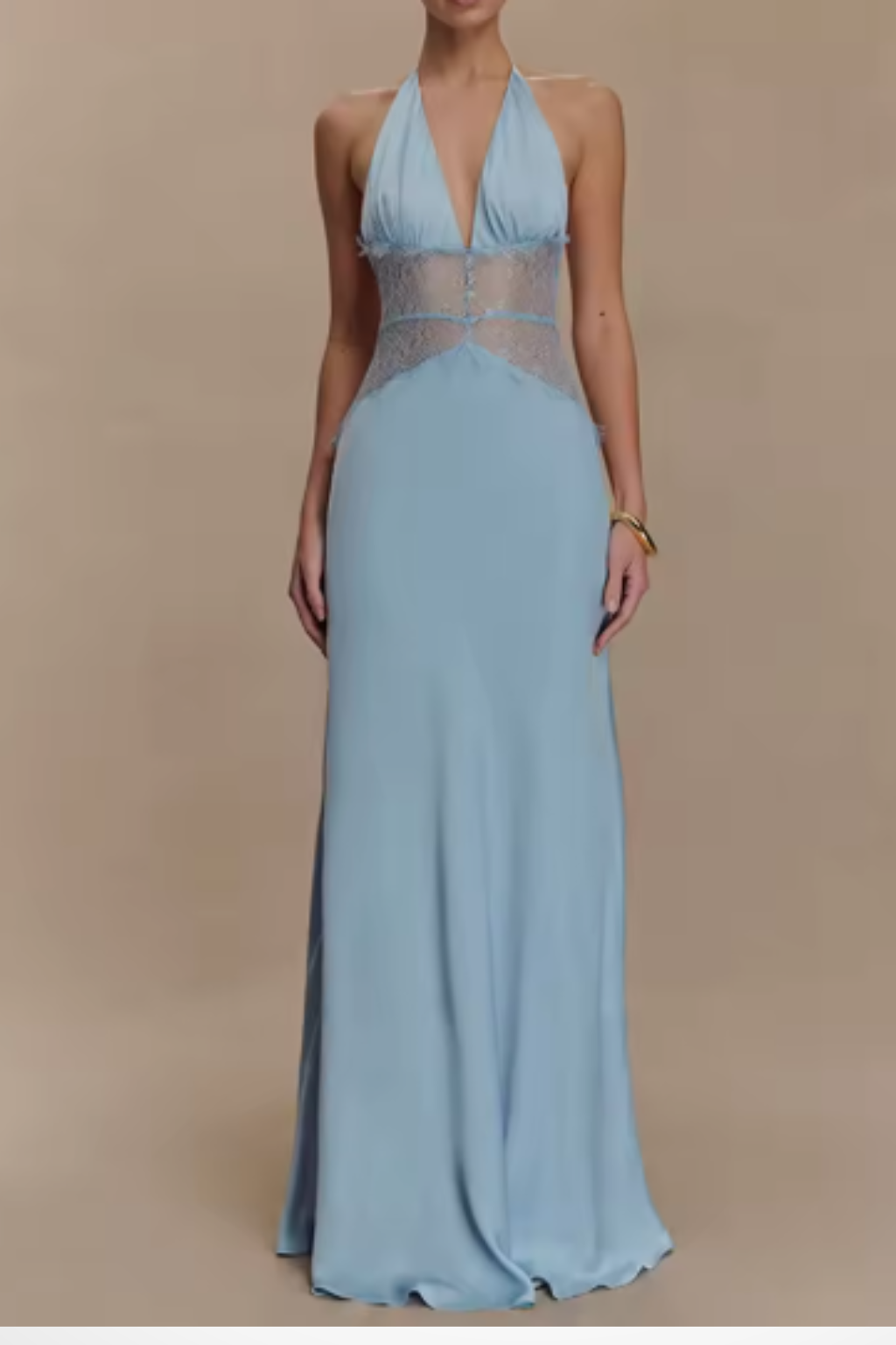 Women's halter maxi dress with lace waist panel and flowing full-length skirt