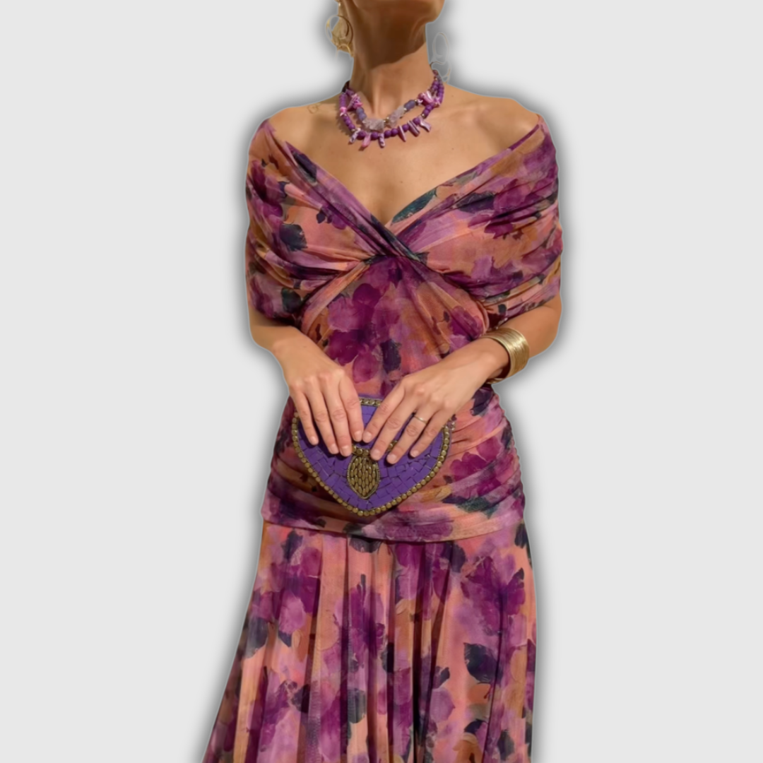 Women's wrap maxi dress with V-neckline, short sheer sleeves and ruched sides