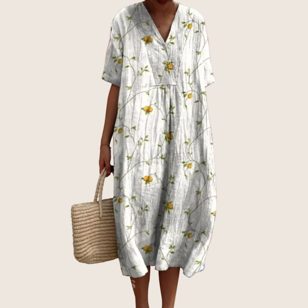 Women's floral V-neck midi dress with short sleeves and button front