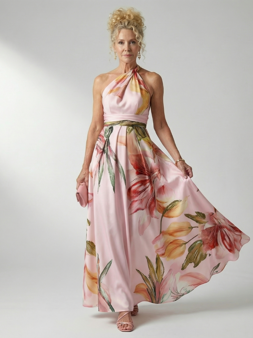 Women's floral halter maxi dress with a flowing full-length skirt