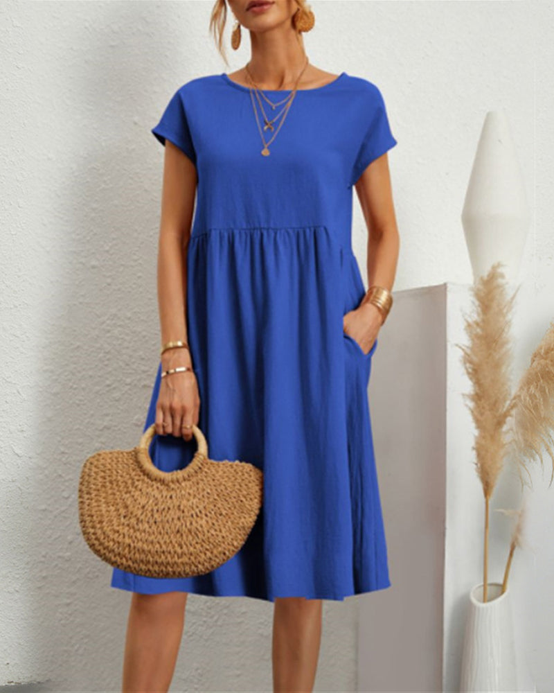 Women's round neck midi dress with short sleeves and gathered skirt