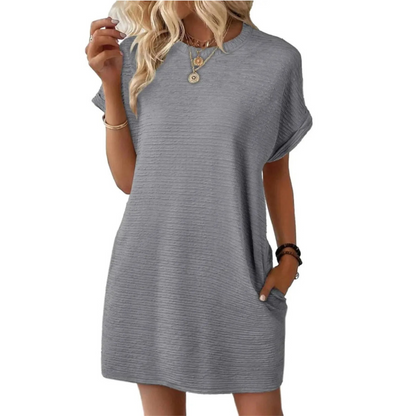 Women's textured crew-neck mini dress with short sleeves and side pockets