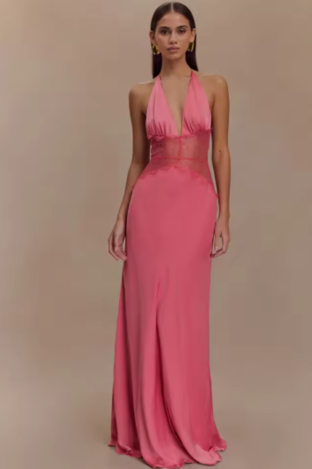 Women's halter maxi dress with lace waist panel and flowing full-length skirt