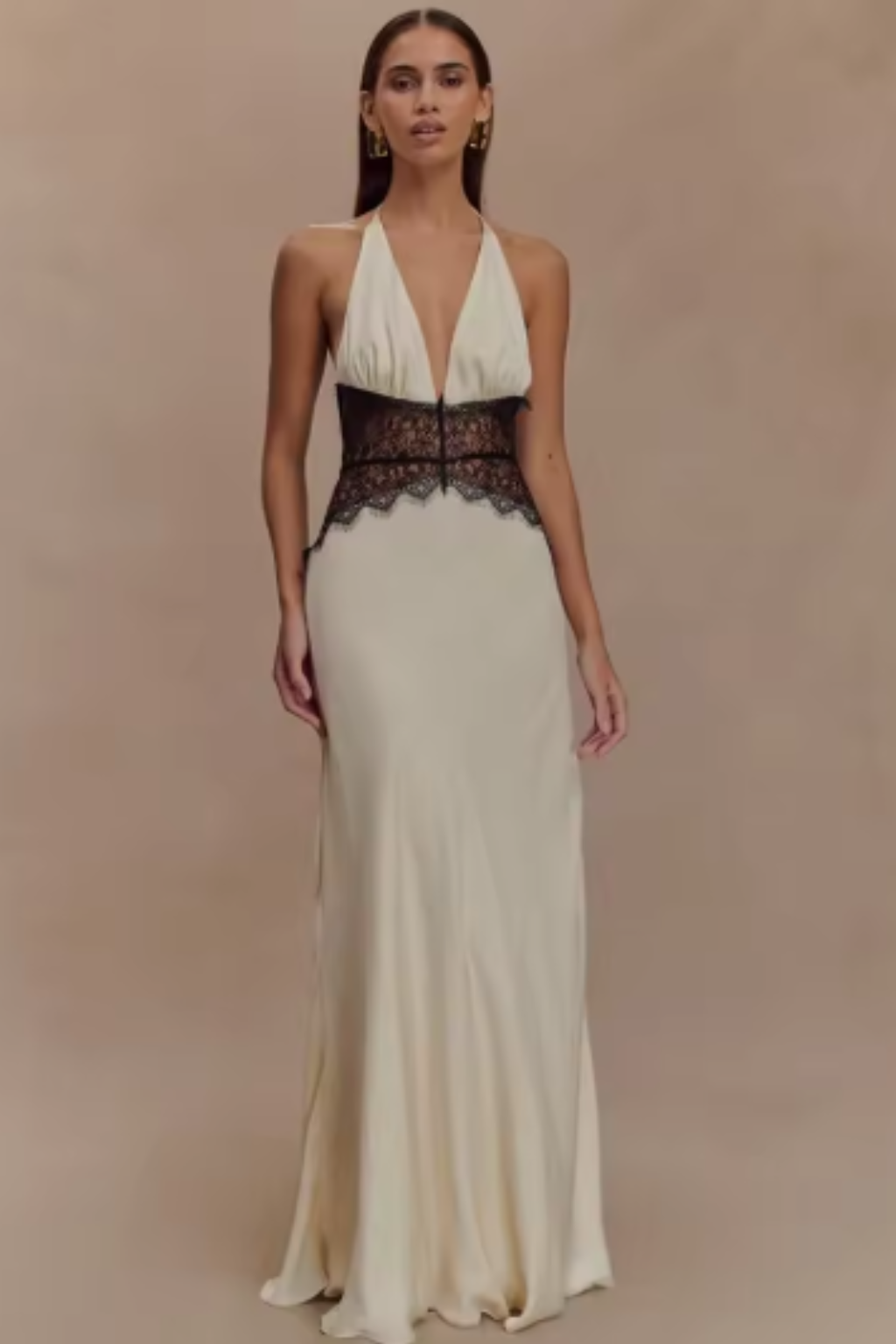 Women's halter maxi dress with lace waist panel and flowing full-length skirt