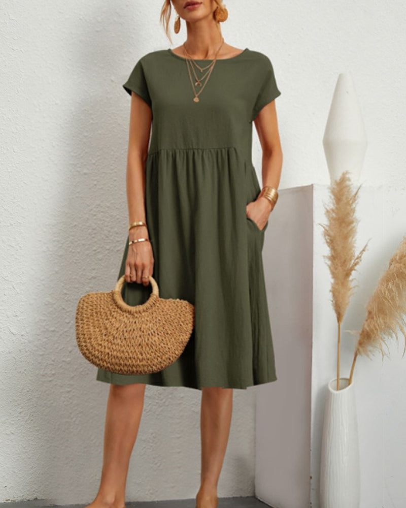 Women's round neck midi dress with short sleeves and gathered skirt