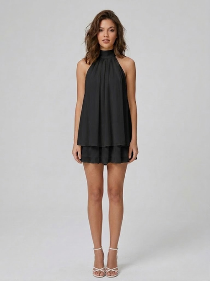 Women's sleeveless halter mini dress with high neck and tiered ruffle hem