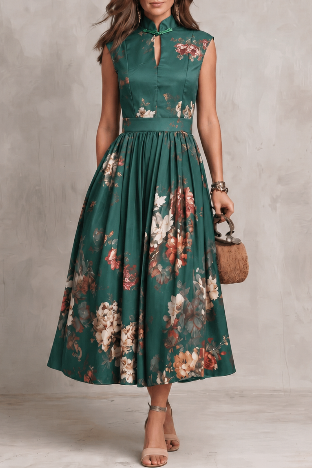 Women's floral midi dress with mandarin collar, cap sleeves and full pleated skirt