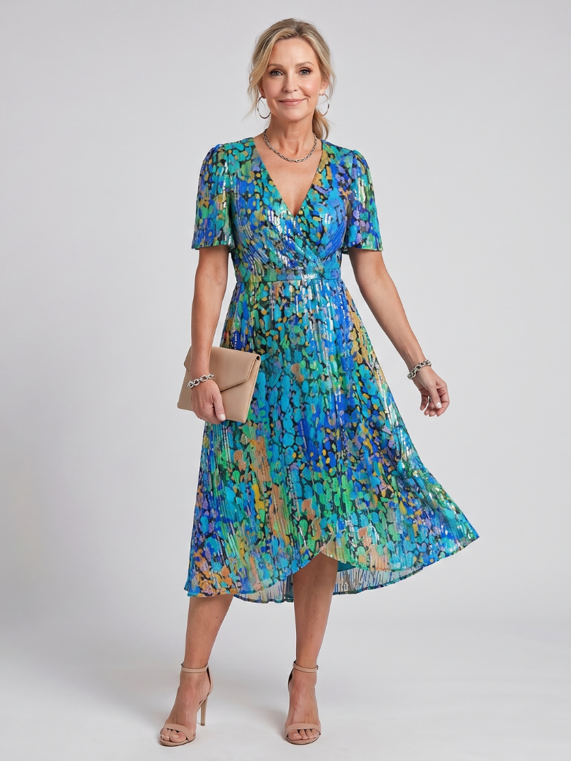 Women's floral wrap midi dress with flutter sleeves and tie waist