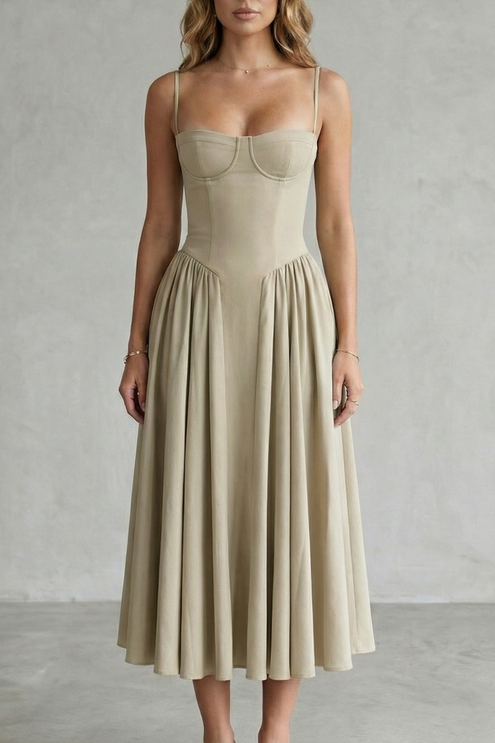 Women's structured midi dress with corset bodice, spaghetti straps and full gathered skirt