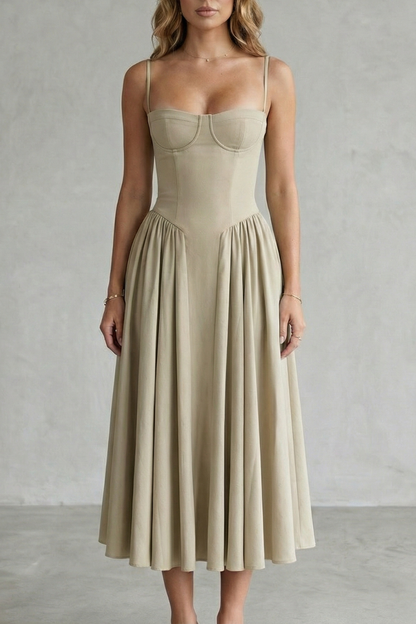 Women's structured midi dress with corset bodice, spaghetti straps and full gathered skirt