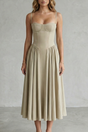 Women's structured midi dress with corset bodice, spaghetti straps and full gathered skirt