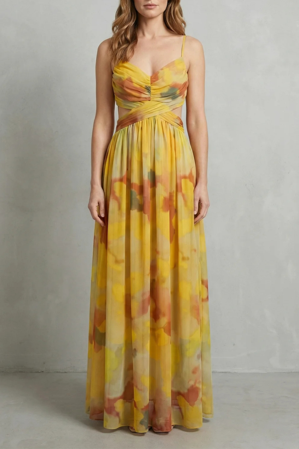 Women's abstract watercolour wrap maxi dress with spaghetti straps and crossed waist detail