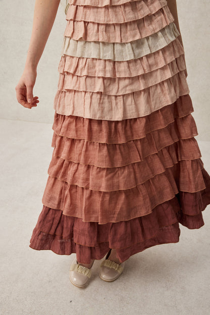 Women's sleeveless tiered ruffle maxi dress with square neckline and graduated pink and purple colouring