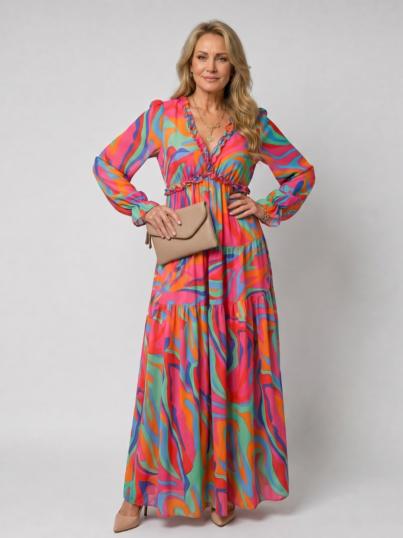 Women's floral tiered maxi dress with V-neckline and long sleeves