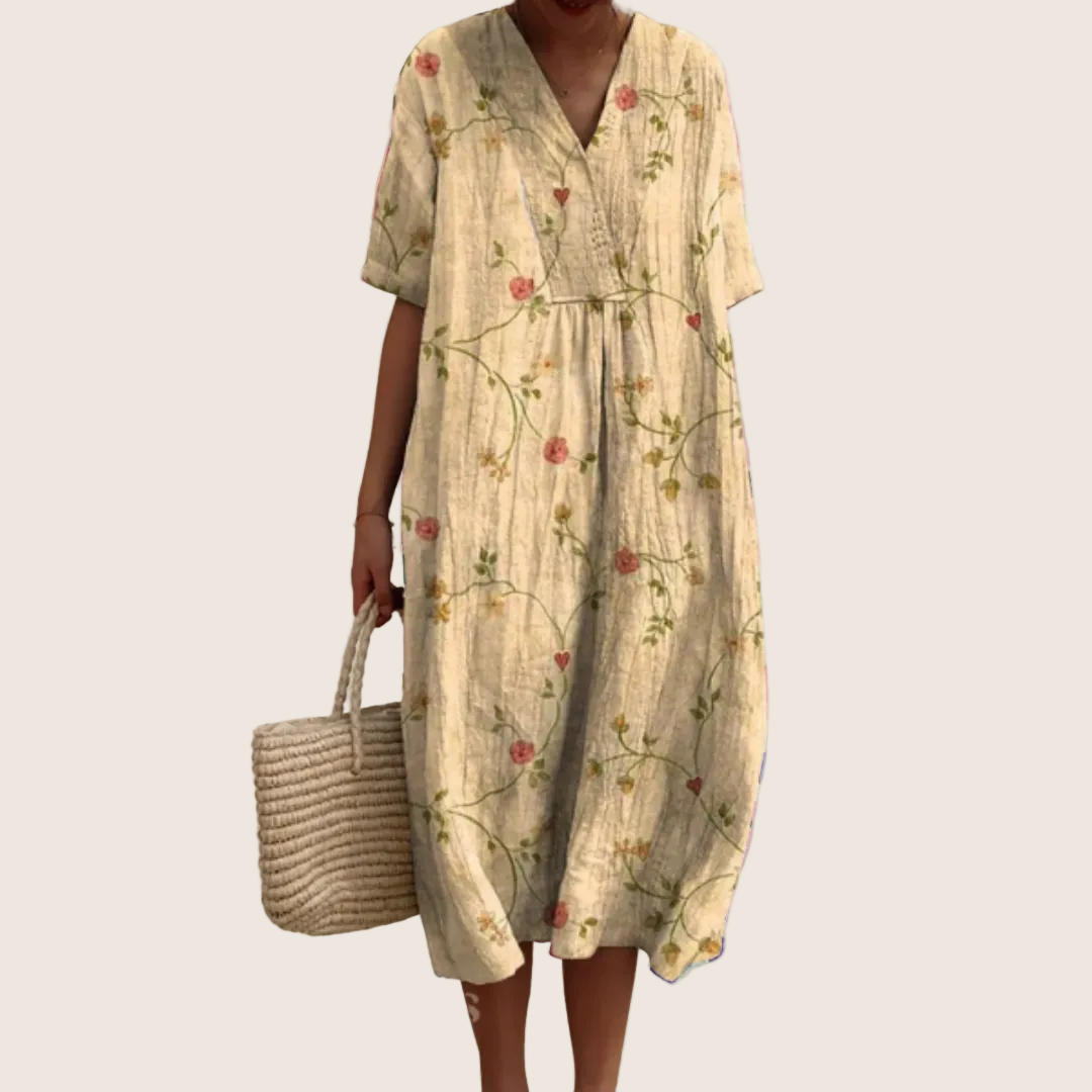 Women's floral V-neck midi dress with short sleeves and button front