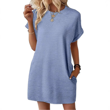 Women's textured crew-neck mini dress with short sleeves and side pockets