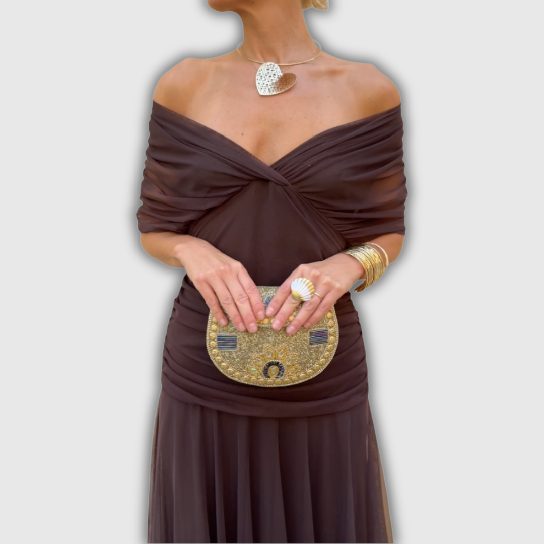 Women's wrap maxi dress with V-neckline, short sheer sleeves and ruched sides
