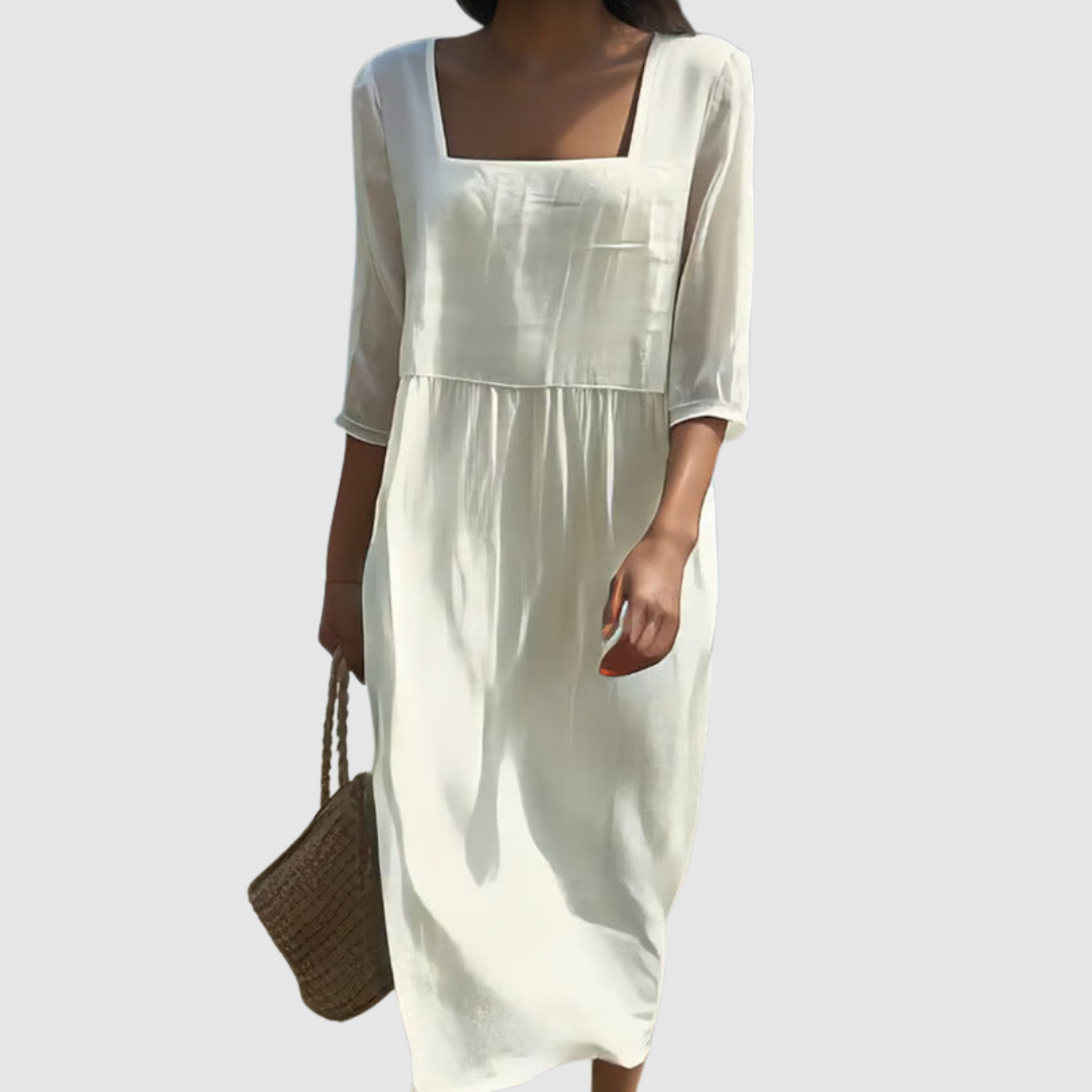 Women's cream square-neck midi dress with three-quarter sleeves and gathered waist