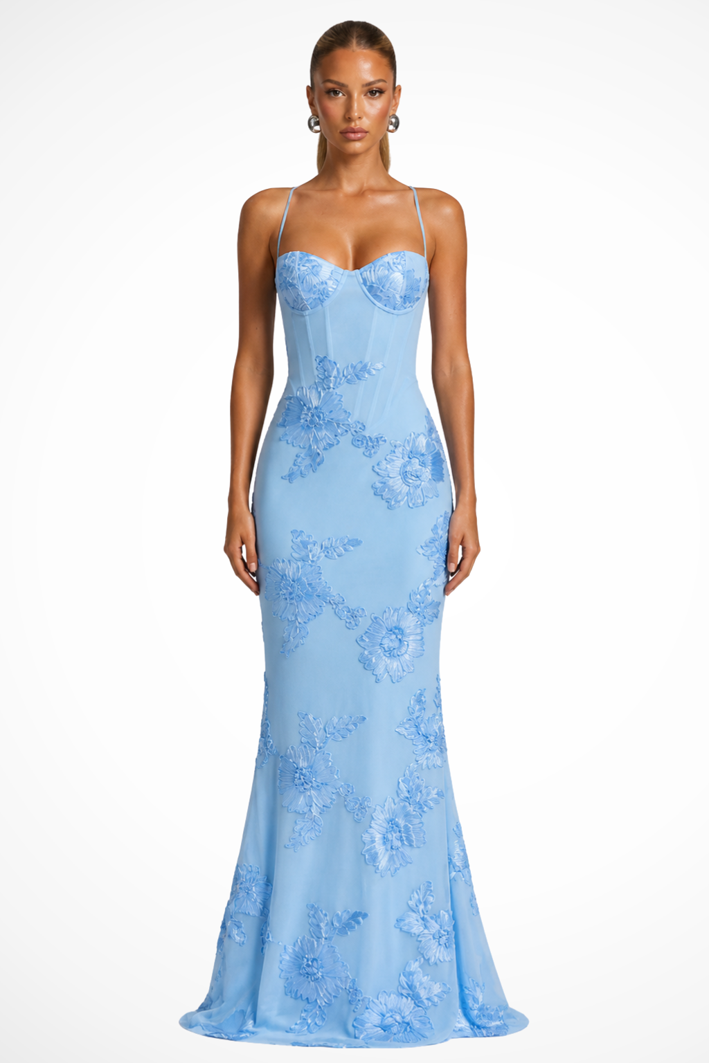 Vestido largo con corsé y bordado de flores de mujer con tirantes finos