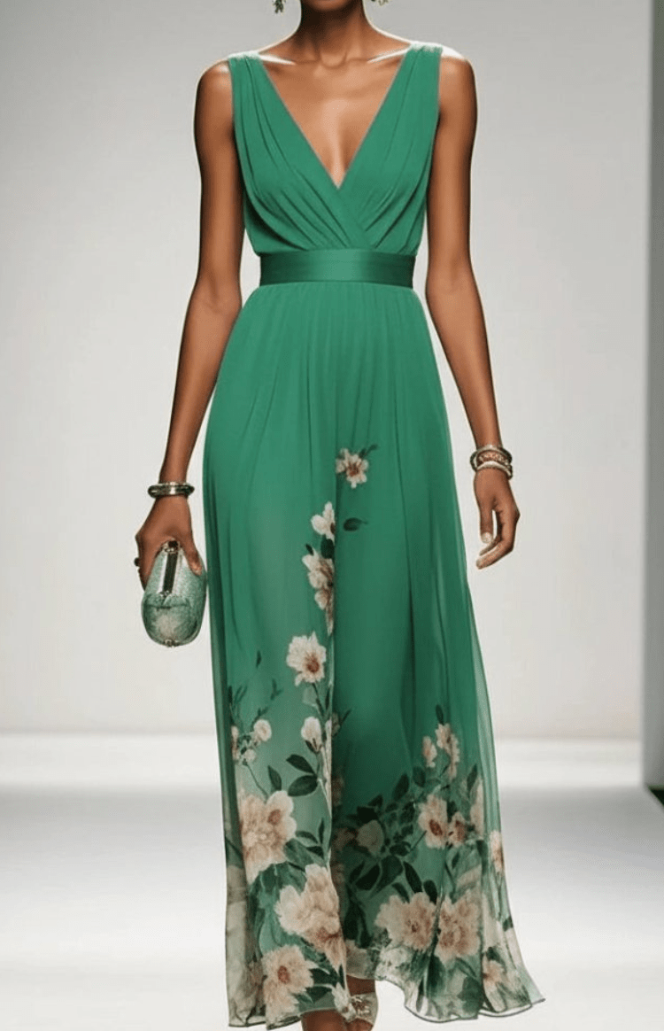 Women's sleeveless floral maxi dress with V-neck wrap bodice and flowing skirt