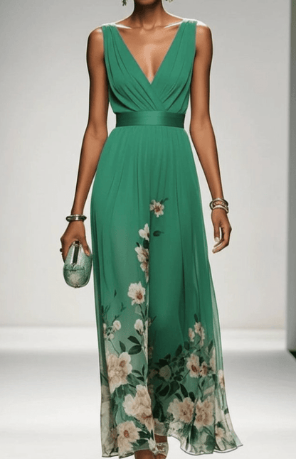 Women's sleeveless floral maxi dress with V-neck wrap bodice and flowing skirt
