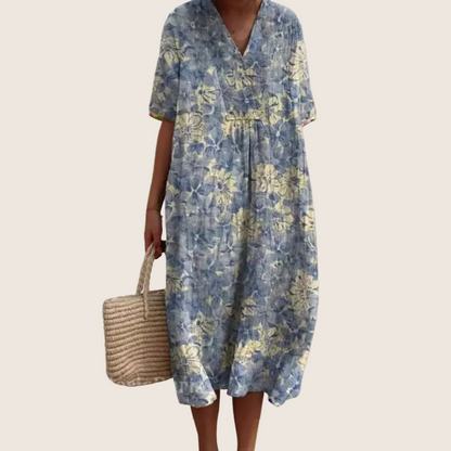 Women's floral V-neck midi dress with short sleeves and button front