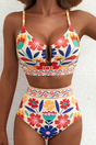 Women's patterned two-piece bikini with V-neck top, metallic centre trim and high-waisted bottoms