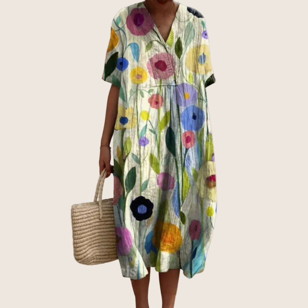 Women's floral V-neck midi dress with short sleeves and button front