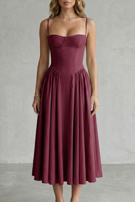 Women's structured midi dress with corset bodice, spaghetti straps and full gathered skirt