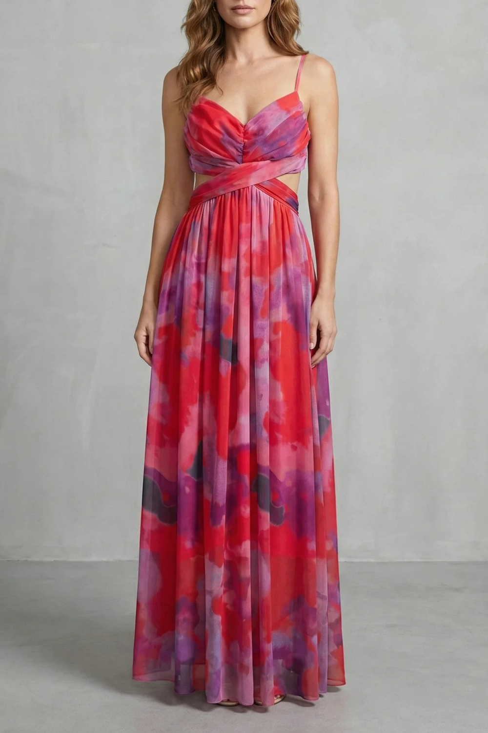 Women's abstract watercolour wrap maxi dress with spaghetti straps and crossed waist detail