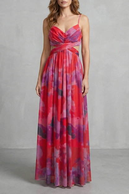 Women's abstract watercolour wrap maxi dress with spaghetti straps and crossed waist detail