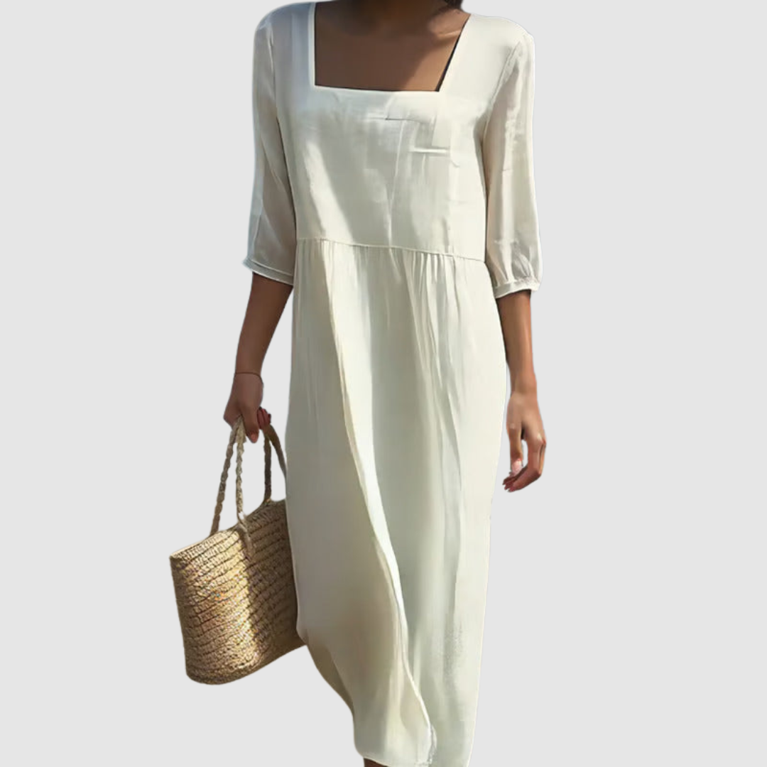 Women's cream square-neck midi dress with three-quarter sleeves and gathered waist