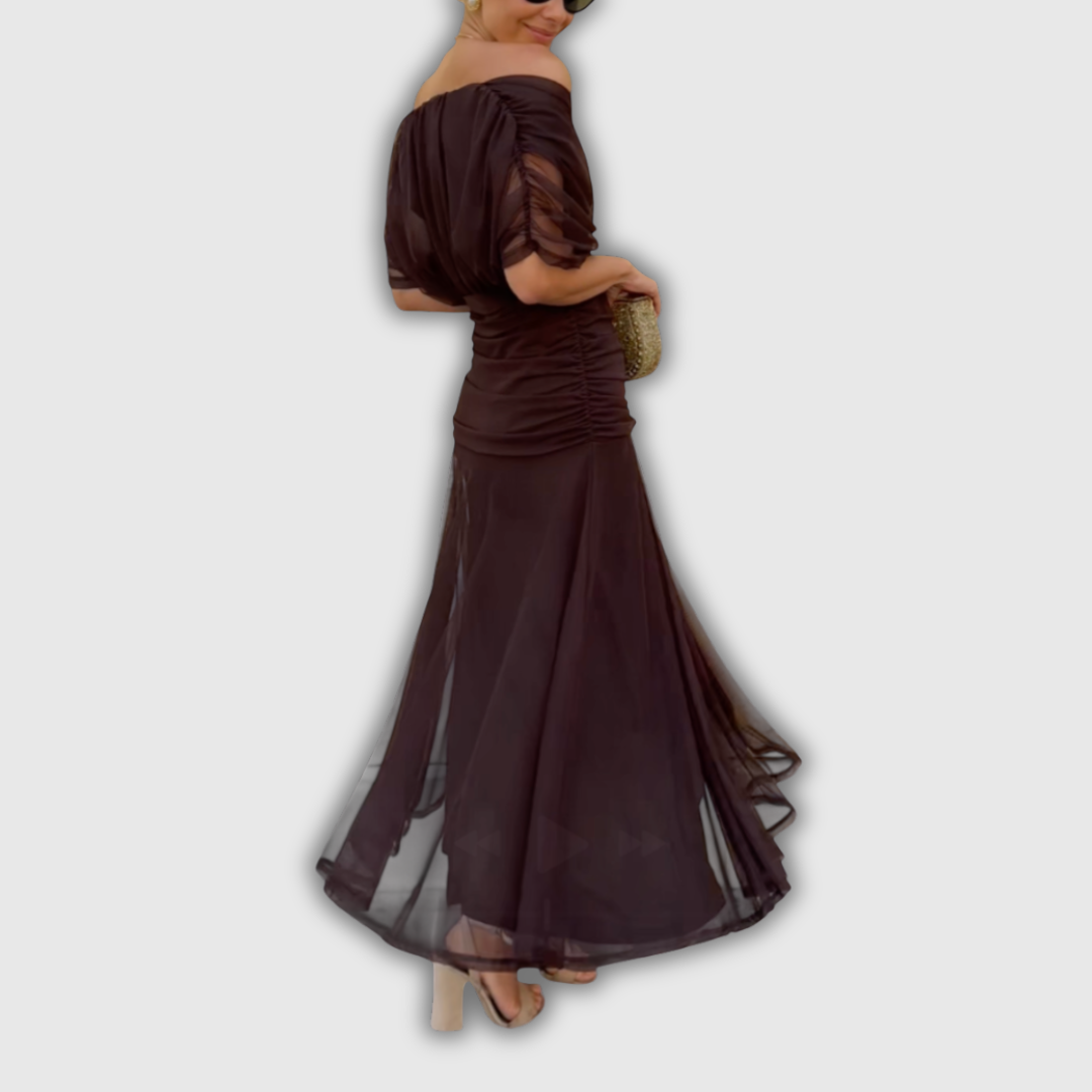 Women's wrap maxi dress with V-neckline, short sheer sleeves and ruched sides