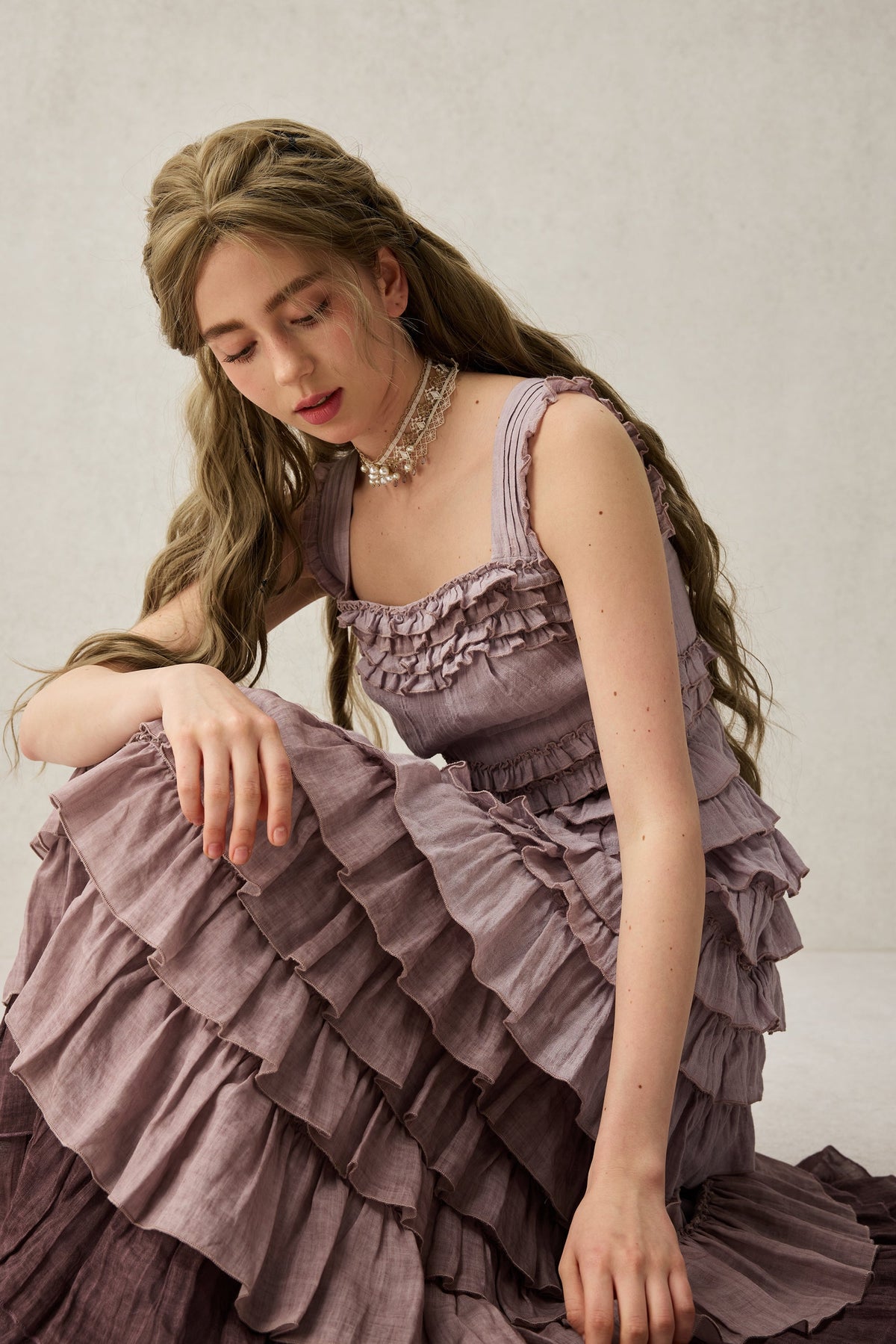 Women's sleeveless tiered ruffle maxi dress with square neckline and graduated pink and purple colouring
