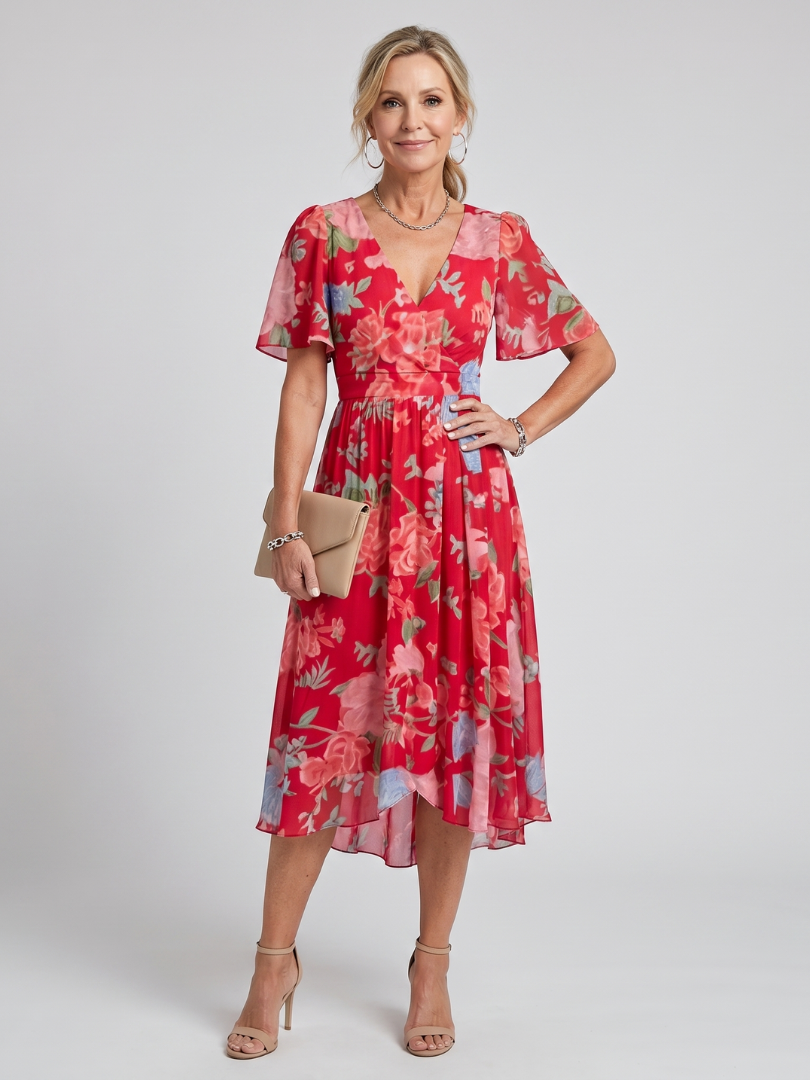 Women's floral wrap midi dress with flutter sleeves and tie waist